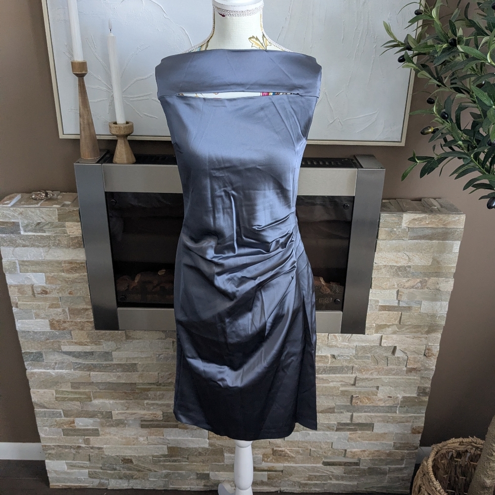 le chateau charcoal gray satin midi dress